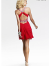 Red Chiffon Beaded Halter Sexy Cross Back Knee Length Prom Dress 